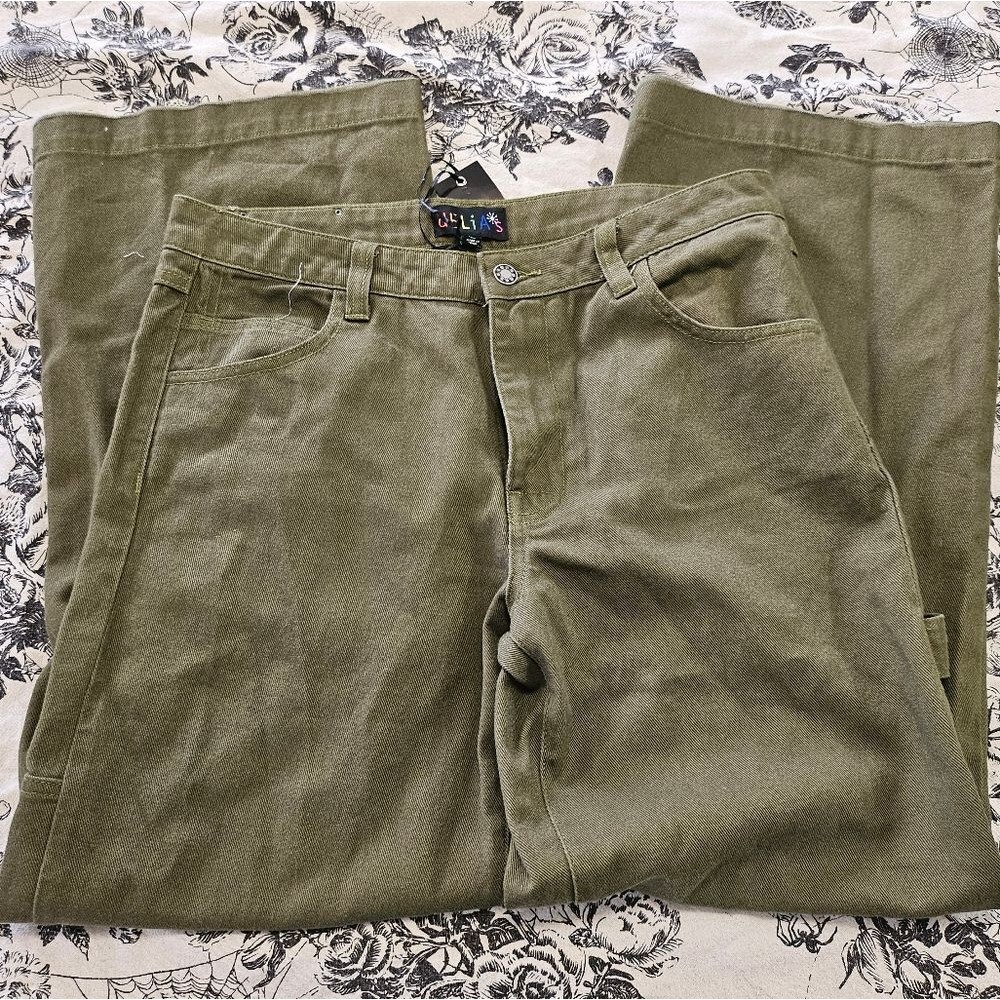 Dolls Kill Delia's Twill Carpenter Olive Green Wide Leg Pant